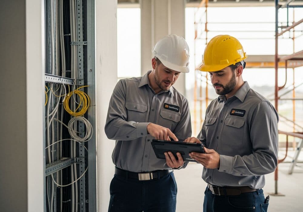 MasterVision installers reviewing plans together at a commercial job site
