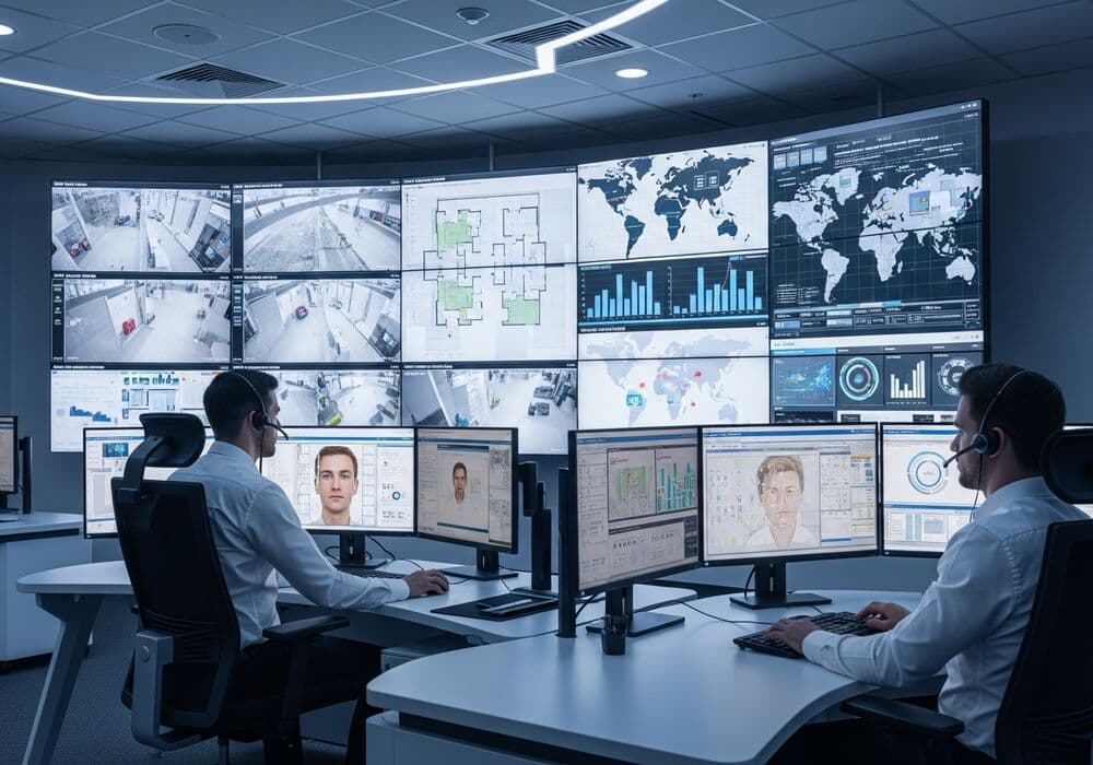 Operators monitoring live camera feeds inside the UL-Listed video monitoring center